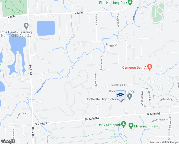 map of restaurants, bars, coffee shops, grocery stores, and more near 17601 Rolling Woods Circle in Northville