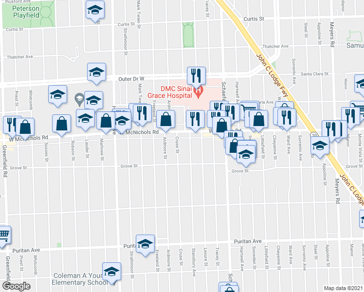 map of restaurants, bars, coffee shops, grocery stores, and more near 16886 Cruse St in Detroit