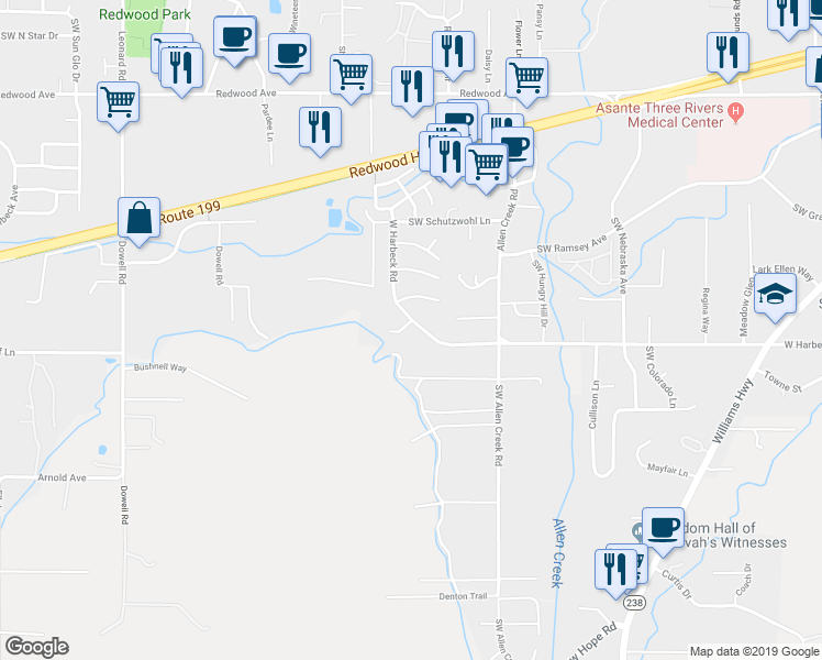 map of restaurants, bars, coffee shops, grocery stores, and more near 1403 Brittany Court in Grants Pass