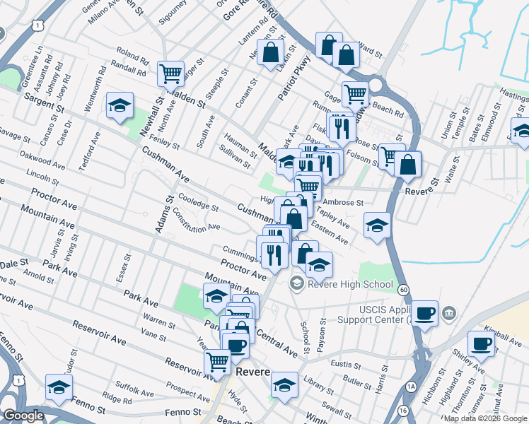 map of restaurants, bars, coffee shops, grocery stores, and more near 61 Cushman Avenue in Revere