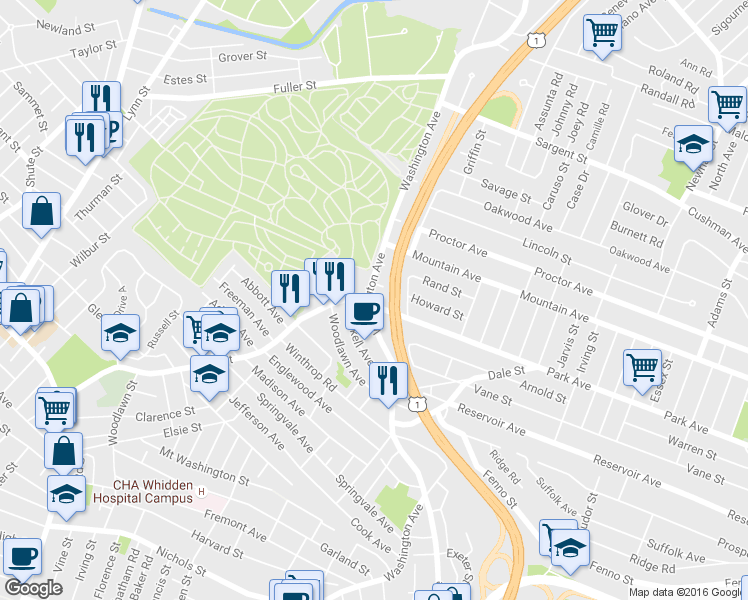 map of restaurants, bars, coffee shops, grocery stores, and more near 127 Washington Avenue in Revere