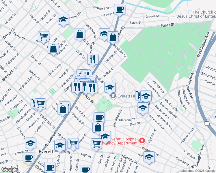 map of restaurants, bars, coffee shops, grocery stores, and more near 61 Gledhill Avenue in Everett