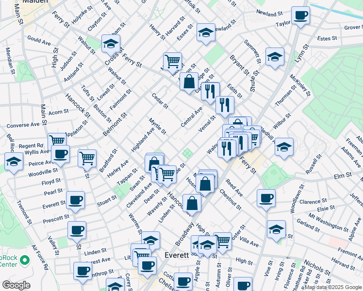map of restaurants, bars, coffee shops, grocery stores, and more near 9 Dowse Street in Everett