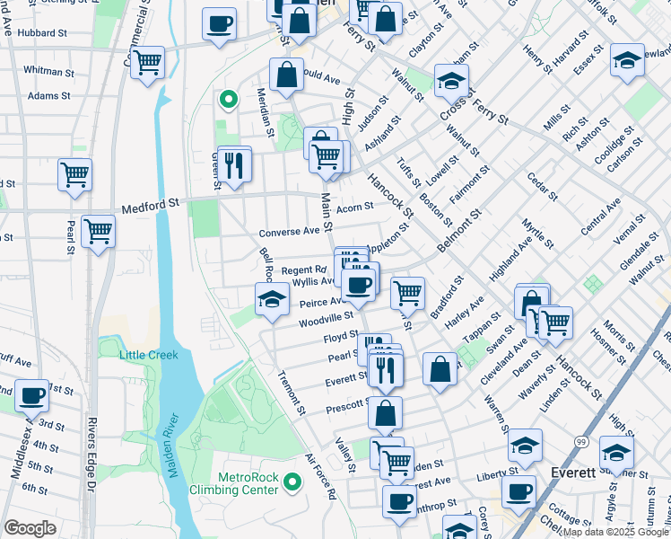 map of restaurants, bars, coffee shops, grocery stores, and more near 10 Regent Road in Malden