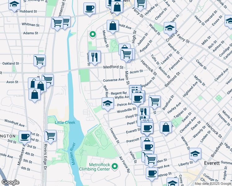 map of restaurants, bars, coffee shops, grocery stores, and more near 50 Regent Road in Malden