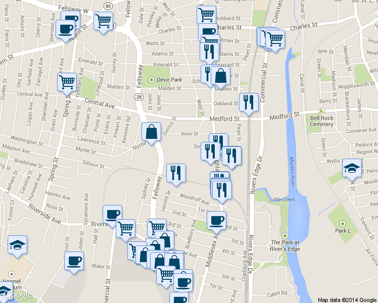 map of restaurants, bars, coffee shops, grocery stores, and more near 108 Devir Street in Malden