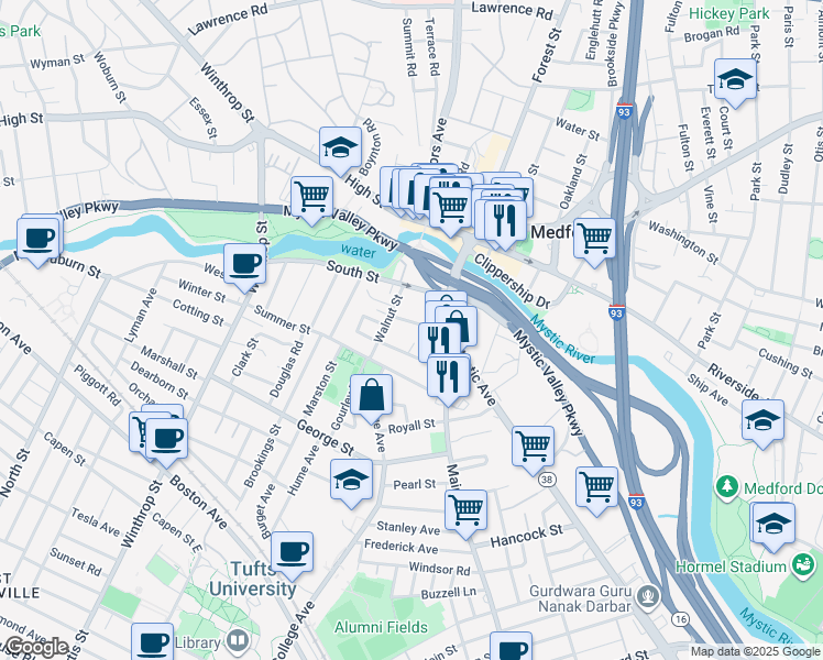 map of restaurants, bars, coffee shops, grocery stores, and more near 26 Emerson Street in Medford