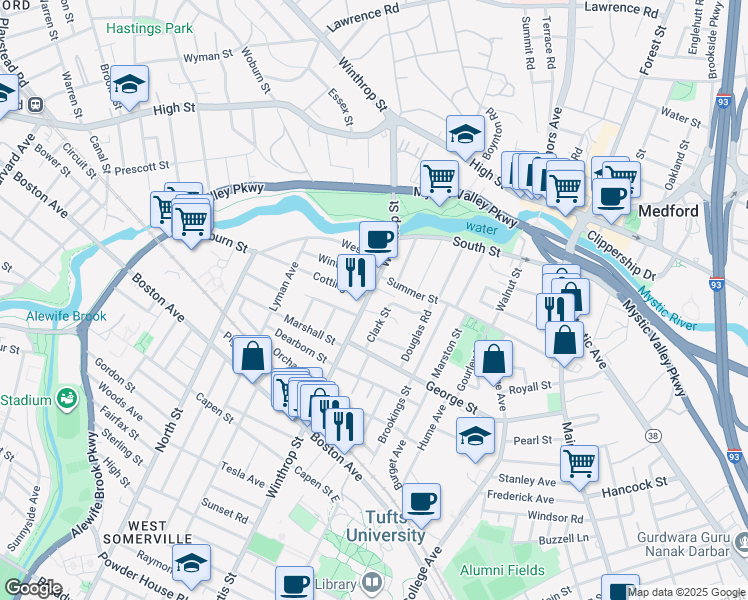 map of restaurants, bars, coffee shops, grocery stores, and more near 152 Winthrop Street in Medford