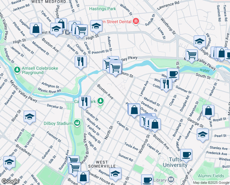 map of restaurants, bars, coffee shops, grocery stores, and more near 200 Boston Avenue in Medford