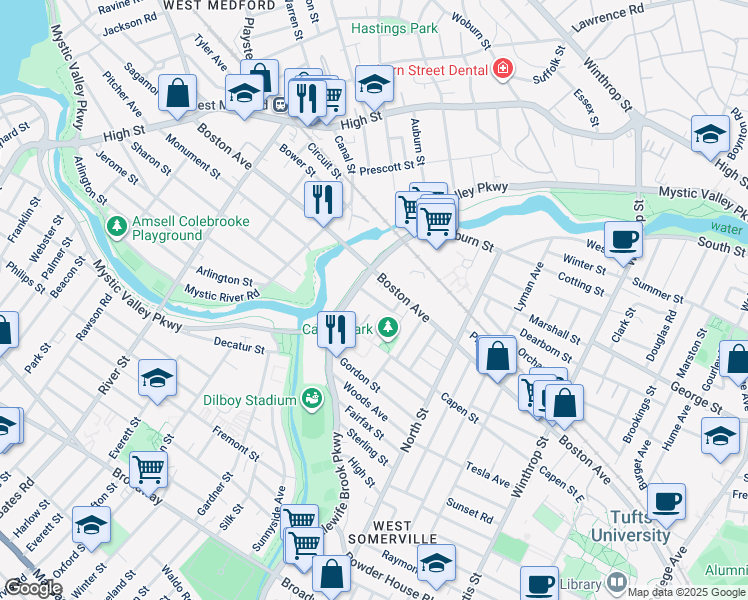 map of restaurants, bars, coffee shops, grocery stores, and more near 501 Mystic Valley Parkway in Somerville