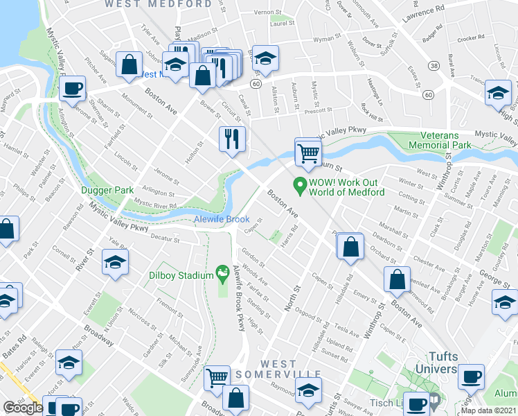 map of restaurants, bars, coffee shops, grocery stores, and more near 501 Mystic Valley Parkway in Somerville