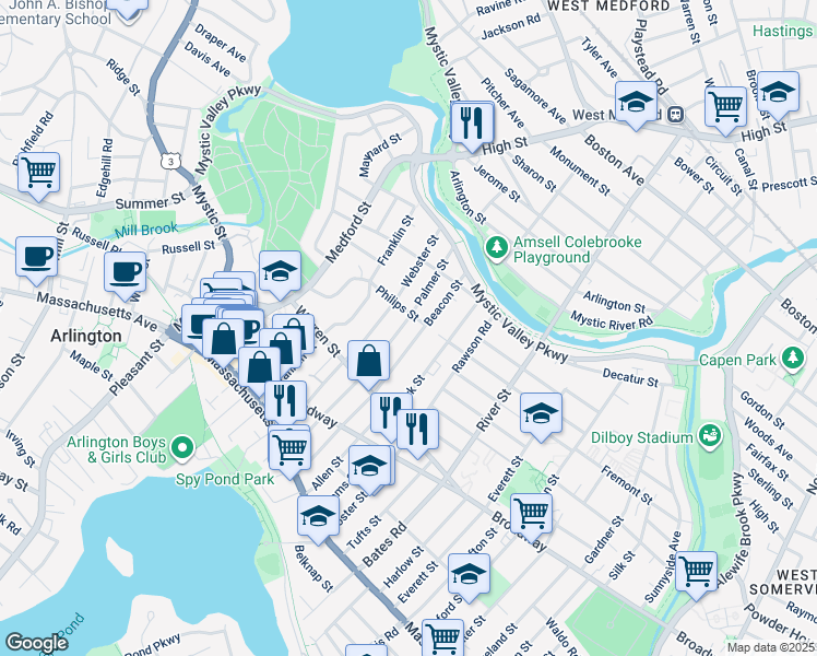 map of restaurants, bars, coffee shops, grocery stores, and more near 52 Beacon Street in Arlington