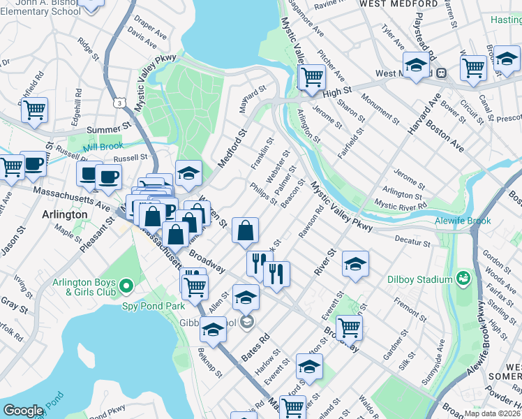 map of restaurants, bars, coffee shops, grocery stores, and more near 63 Webster Street in Arlington