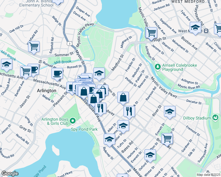 map of restaurants, bars, coffee shops, grocery stores, and more near 71 Franklin Street in Arlington