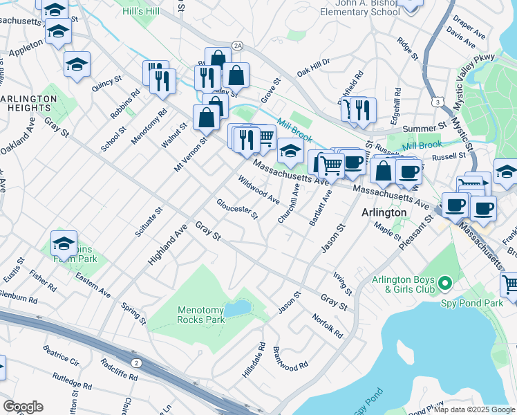 map of restaurants, bars, coffee shops, grocery stores, and more near 18 Field Road in Arlington