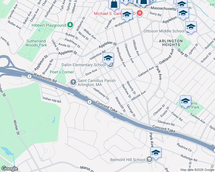 map of restaurants, bars, coffee shops, grocery stores, and more near 164 Charlton Street in Arlington