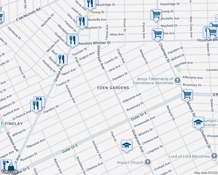 map of restaurants, bars, coffee shops, grocery stores, and more near 12839 Wilfred Street in Detroit