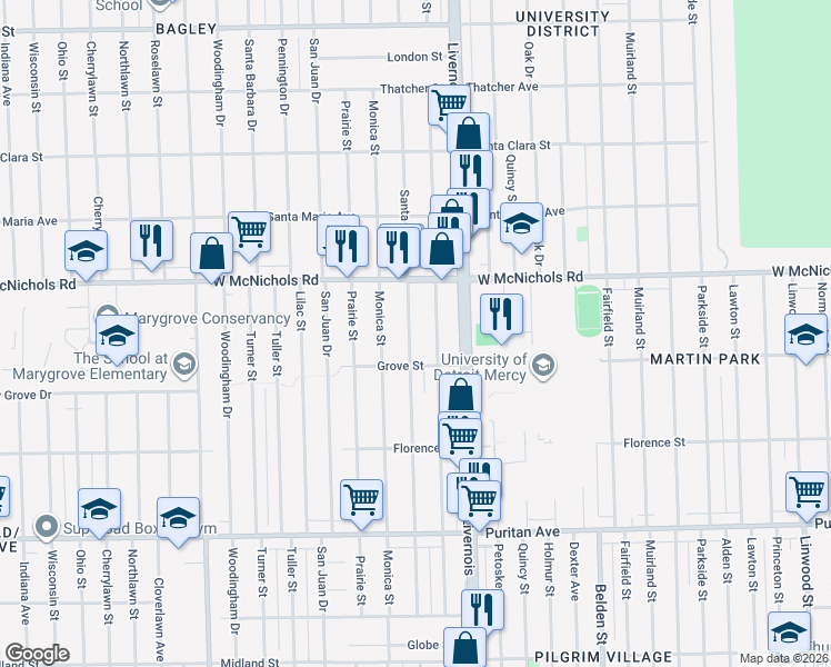 map of restaurants, bars, coffee shops, grocery stores, and more near 16859 Stoepel Street in Detroit