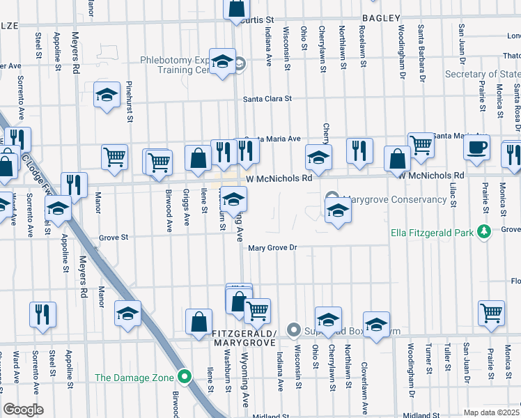 map of restaurants, bars, coffee shops, grocery stores, and more near 16800 Wyoming Avenue in Detroit