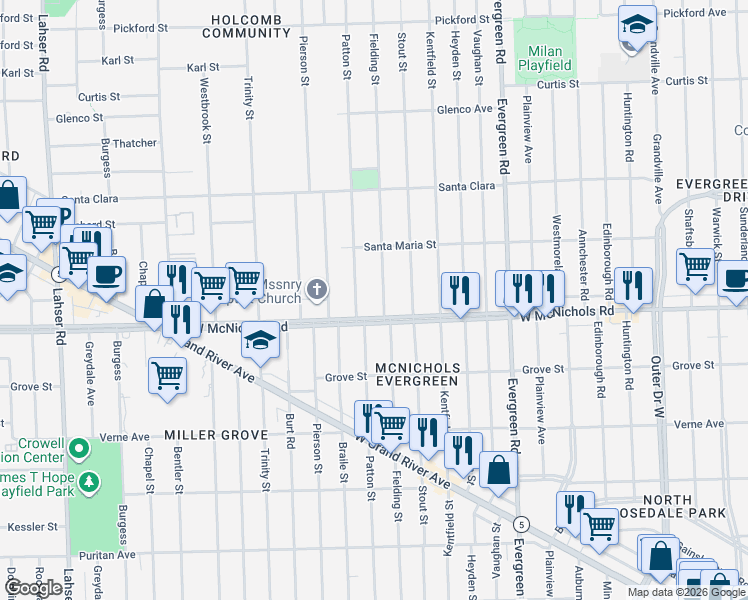 map of restaurants, bars, coffee shops, grocery stores, and more near 17129 Fielding Street in Detroit