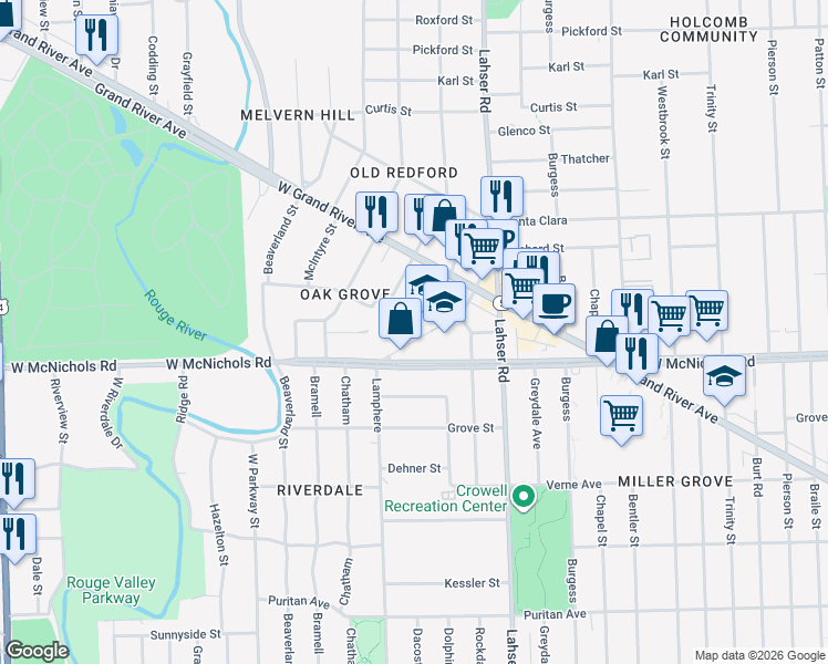 map of restaurants, bars, coffee shops, grocery stores, and more near 17184 Redford Street in Detroit