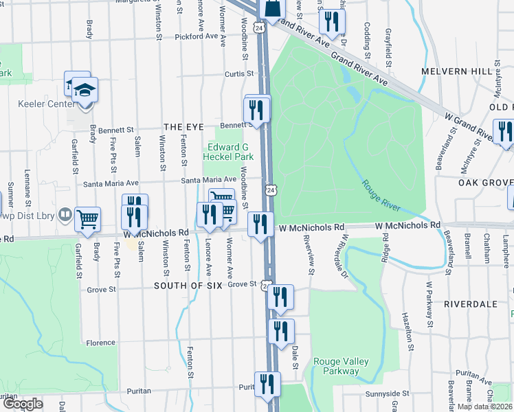 map of restaurants, bars, coffee shops, grocery stores, and more near 17170 Woodbine Street in Detroit
