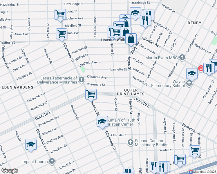 map of restaurants, bars, coffee shops, grocery stores, and more near 14794 Rosemary Street in Detroit