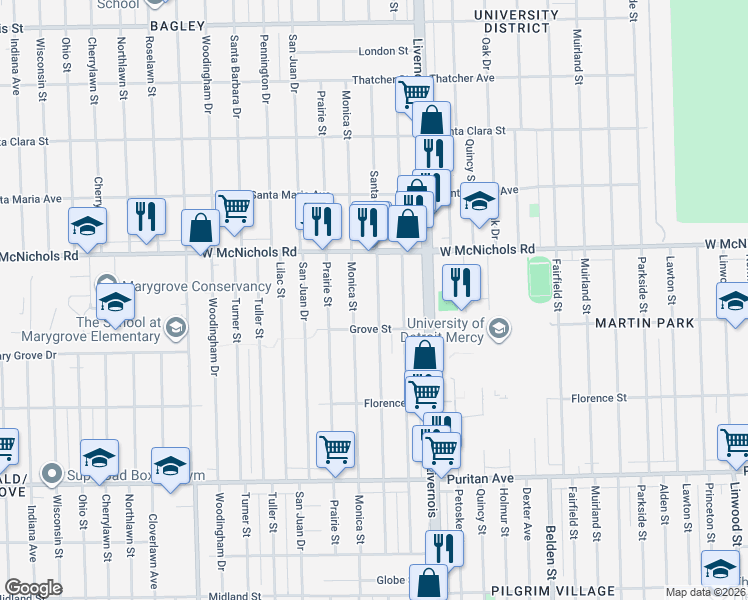 map of restaurants, bars, coffee shops, grocery stores, and more near 16850 Monica Street in Detroit