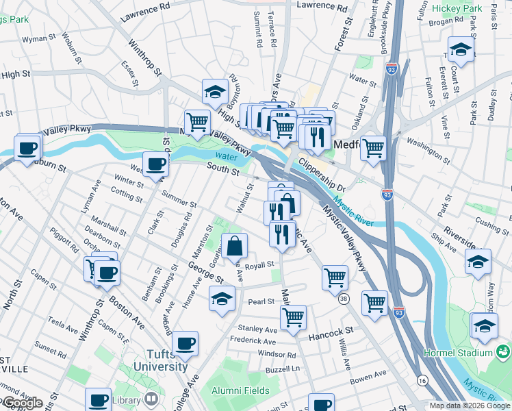 map of restaurants, bars, coffee shops, grocery stores, and more near 20 Emerson Street in Medford