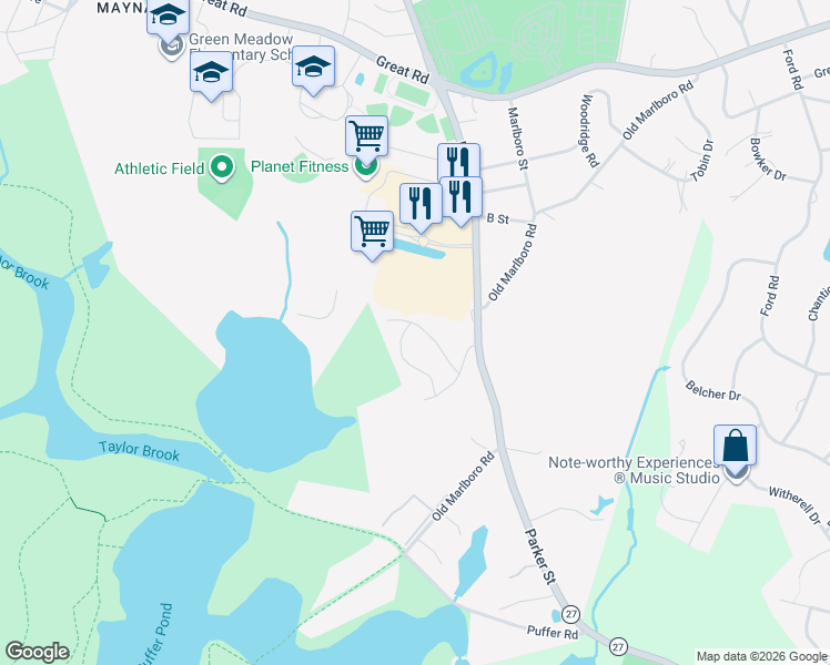 map of restaurants, bars, coffee shops, grocery stores, and more near 14 Cutting Drive in Maynard