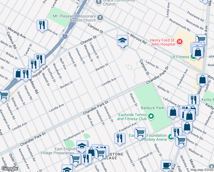 map of restaurants, bars, coffee shops, grocery stores, and more near 5785 Lodewyck Street in Detroit