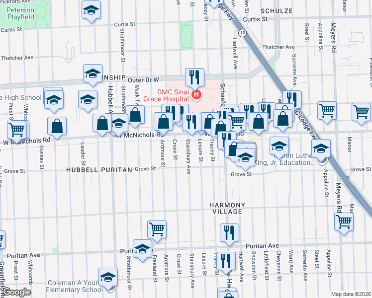 map of restaurants, bars, coffee shops, grocery stores, and more near 16876 Stansbury Avenue in Detroit