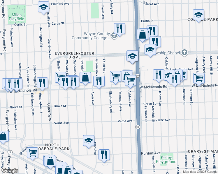 map of restaurants, bars, coffee shops, grocery stores, and more near 18406 West McNichols Road in Detroit
