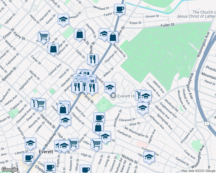 map of restaurants, bars, coffee shops, grocery stores, and more near 61 Gledhill Avenue in Everett