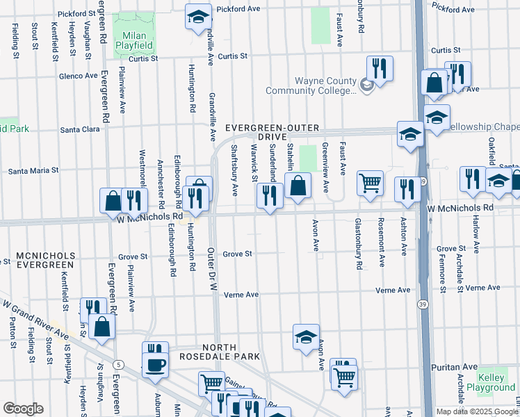 map of restaurants, bars, coffee shops, grocery stores, and more near 3050 Warwick Street in Detroit