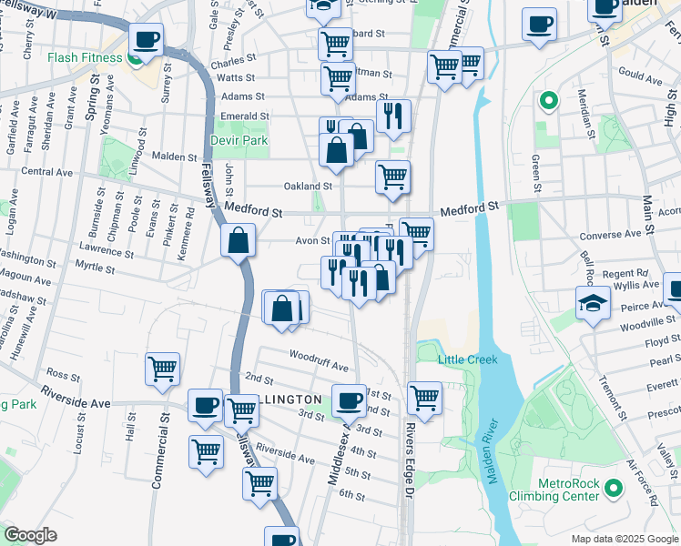 map of restaurants, bars, coffee shops, grocery stores, and more near 66 Devir Street in Malden