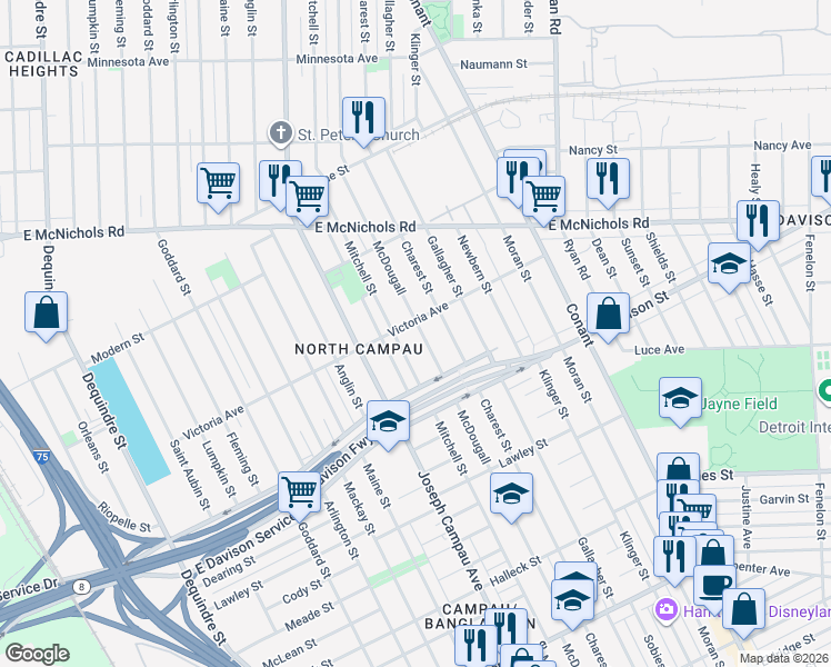 map of restaurants, bars, coffee shops, grocery stores, and more near 13558 Mitchell Street in Hamtramck