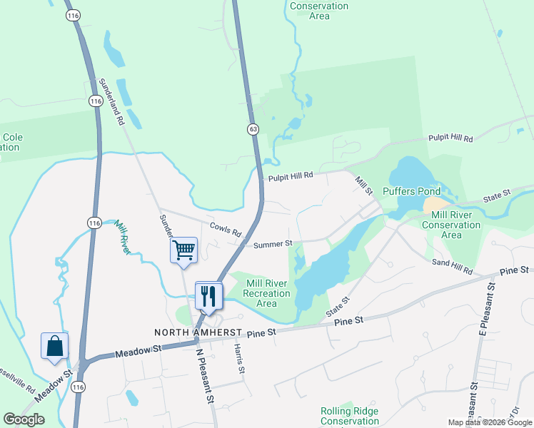 map of restaurants, bars, coffee shops, grocery stores, and more near 177 Montague Road in Amherst