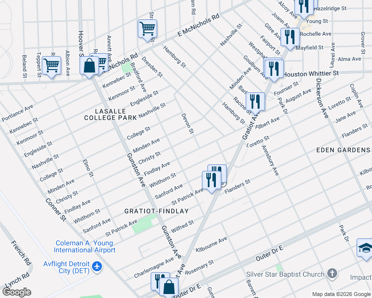 map of restaurants, bars, coffee shops, grocery stores, and more near 12043 Findlay Avenue in Detroit