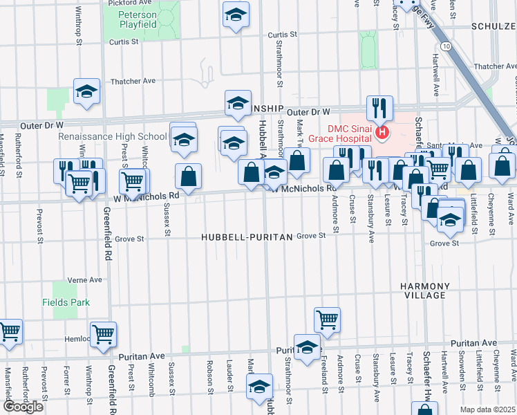 map of restaurants, bars, coffee shops, grocery stores, and more near 16893 Hubbell Avenue in Detroit