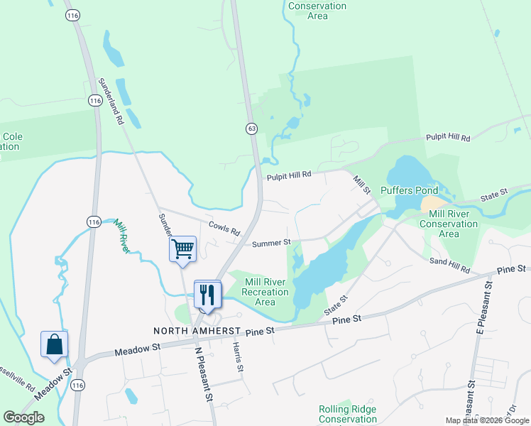 map of restaurants, bars, coffee shops, grocery stores, and more near 177 Montague Road in Amherst