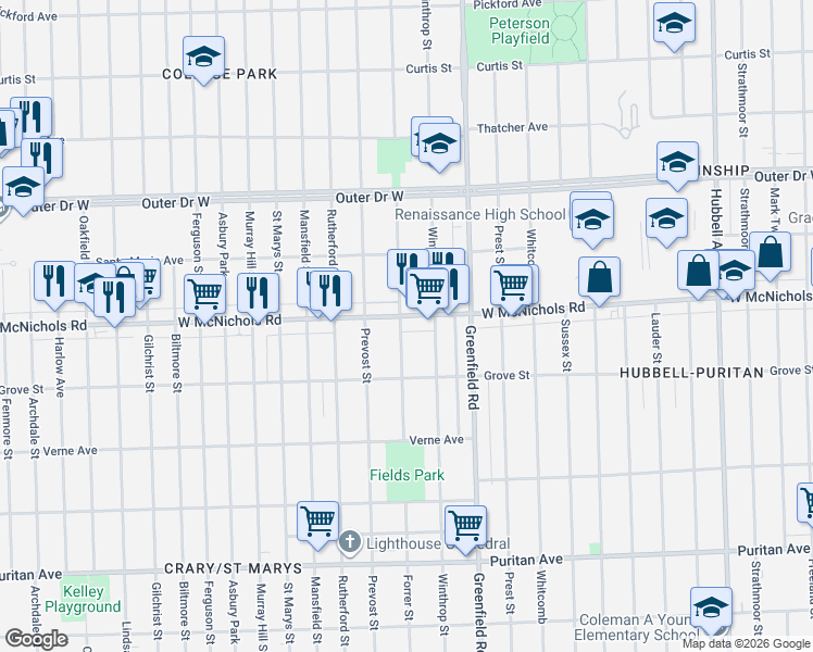 map of restaurants, bars, coffee shops, grocery stores, and more near 15651 West McNichols Road in Detroit