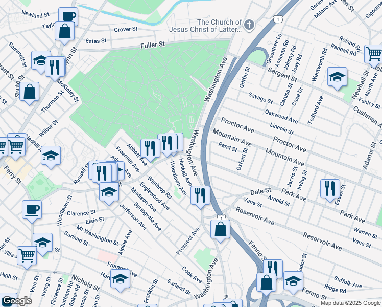 map of restaurants, bars, coffee shops, grocery stores, and more near 127 Washington Avenue in Revere