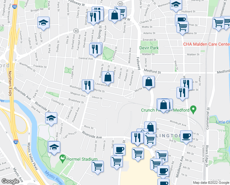 map of restaurants, bars, coffee shops, grocery stores, and more near 62 Myrtle Street in Medford