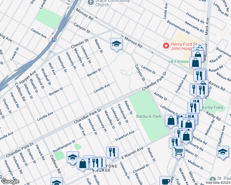 map of restaurants, bars, coffee shops, grocery stores, and more near 5744 Farmbrook Street in Detroit