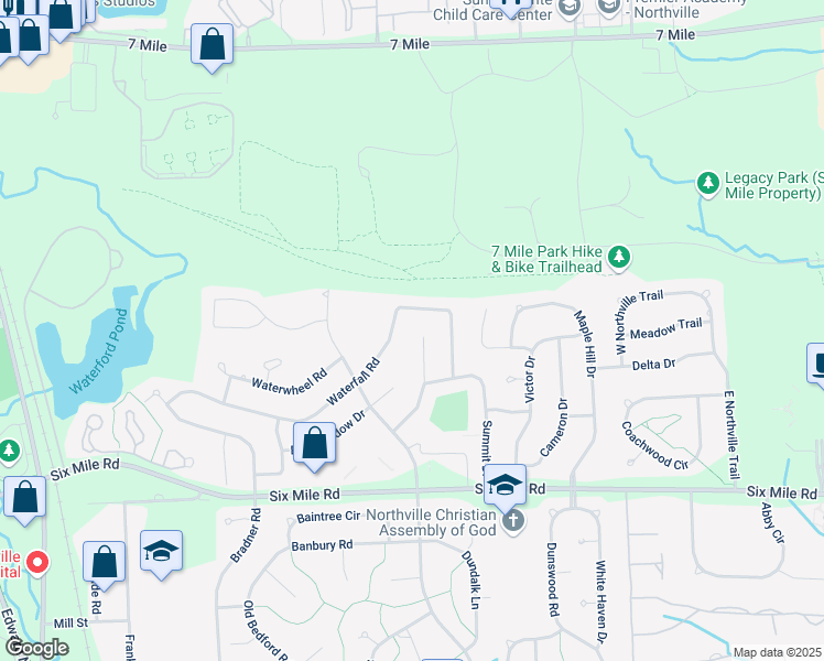map of restaurants, bars, coffee shops, grocery stores, and more near 41869 Waterfall Road in Northville