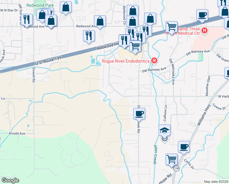 map of restaurants, bars, coffee shops, grocery stores, and more near 1403 Brittany Court in Grants Pass