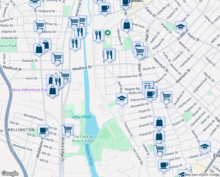 map of restaurants, bars, coffee shops, grocery stores, and more near 54 Newman Road in Malden