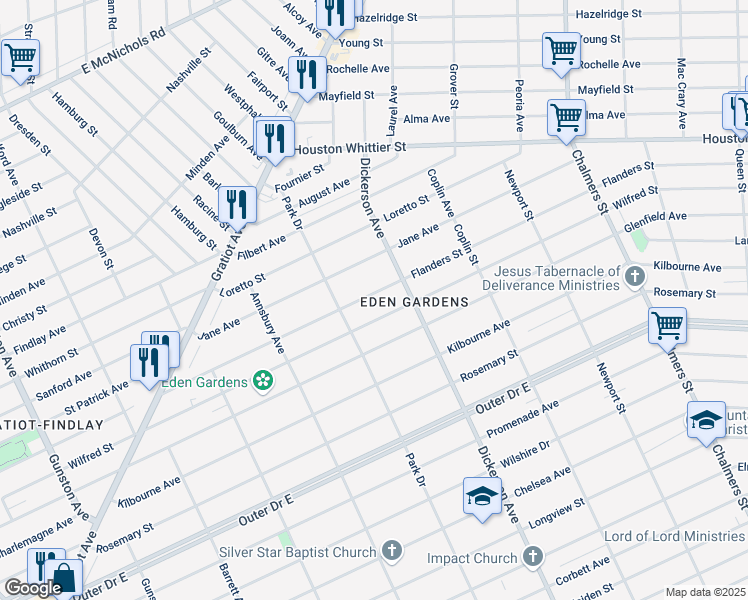 map of restaurants, bars, coffee shops, grocery stores, and more near 12772 Flanders Street in Detroit