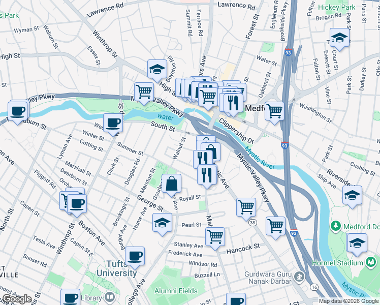 map of restaurants, bars, coffee shops, grocery stores, and more near 26 Emerson Street in Medford